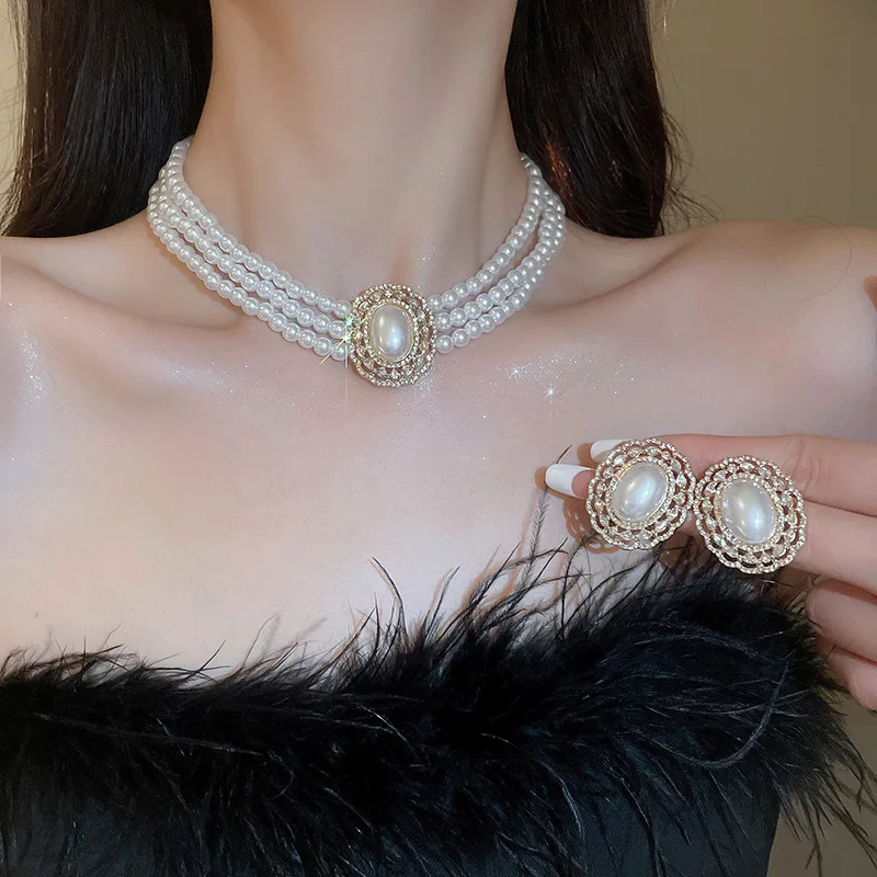 Palace Multilayer Pearl Choker Necklace Earrings Sets for Women Oval Crystal Rhinestone Wedding Bride Jewelry Set