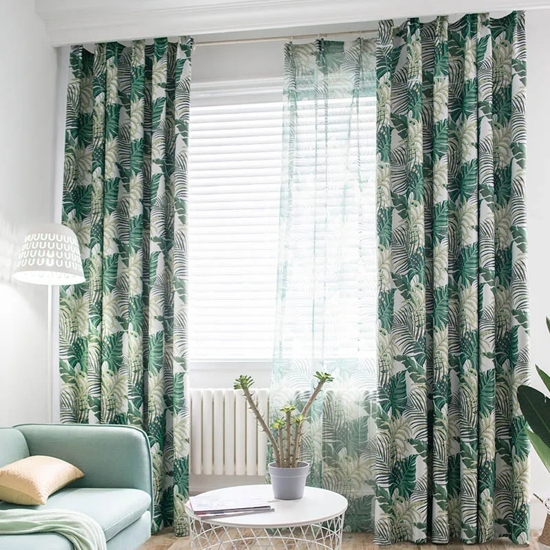 Tropical Printed Blackout Curtains for Living Room Green Leaves Palm Tree Tulle Veil Liner Bedroom  Cortinas Window Treatments