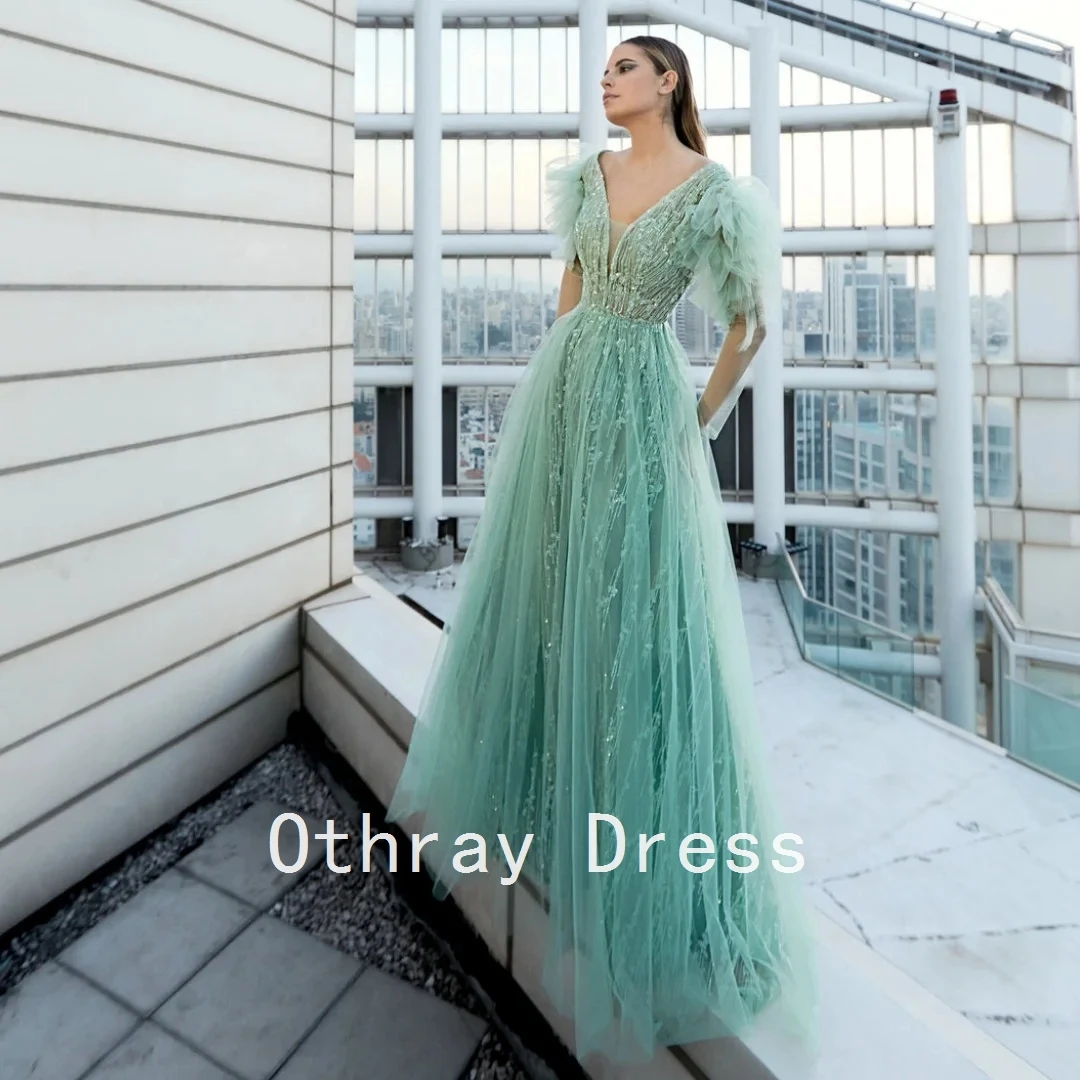 

Princess Illusion Lantern Sleeves Prom Dresses Empire Waist Appliques Sequin Tulle Ruched Formal Party Gowns Long فساتين سهرة