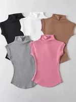 Économie à col roulé sexy pour femmes, pulls monochromes, t-shirts décontractés, streetwear féminin, t-shirts basiques, été 1