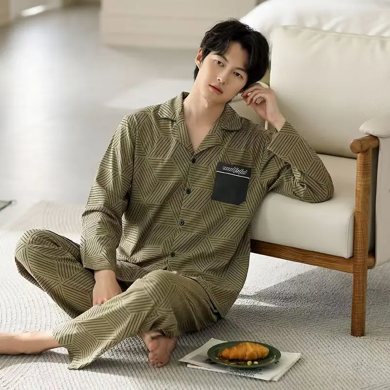 Duże rozmiary, luksusowe męskie piżamy codzienne, wiosenno-jesienne z kołnierzykiem, z długim rękawem, odpowiednie na wyjścia jesienią i zimą, luźne ubrania do noszenia w domu.
