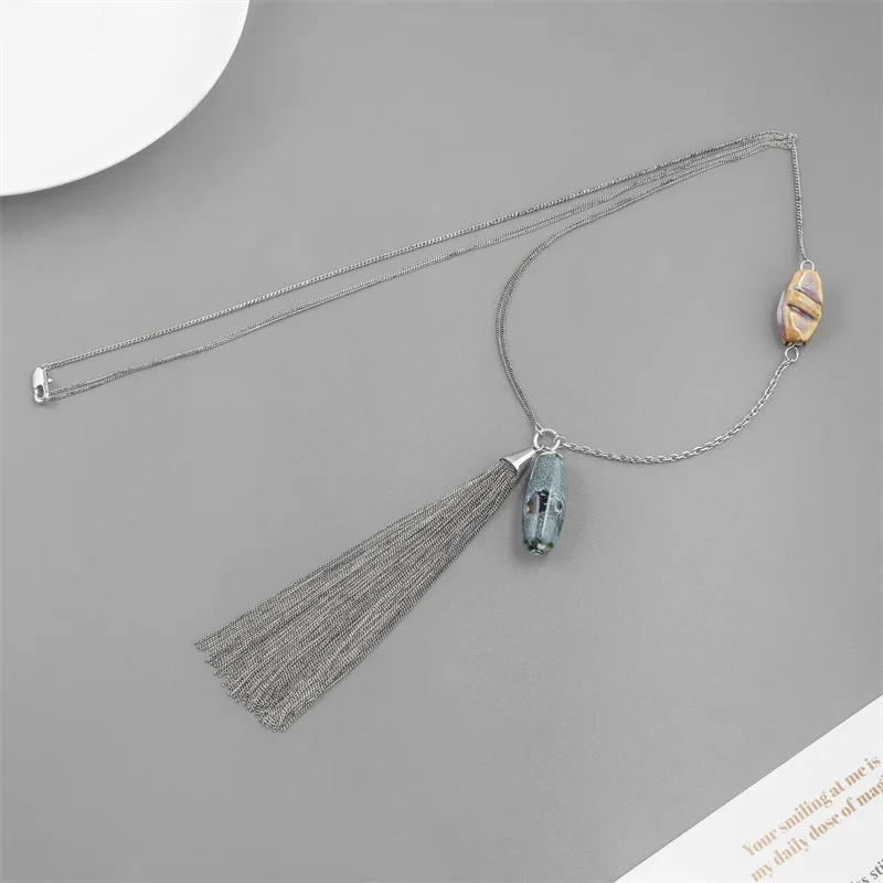 Winter Tassel Ceramic Bead Pendant Necklace for Women Simple Niche All-match Island Vacation style Fashion Long Sweater Chain