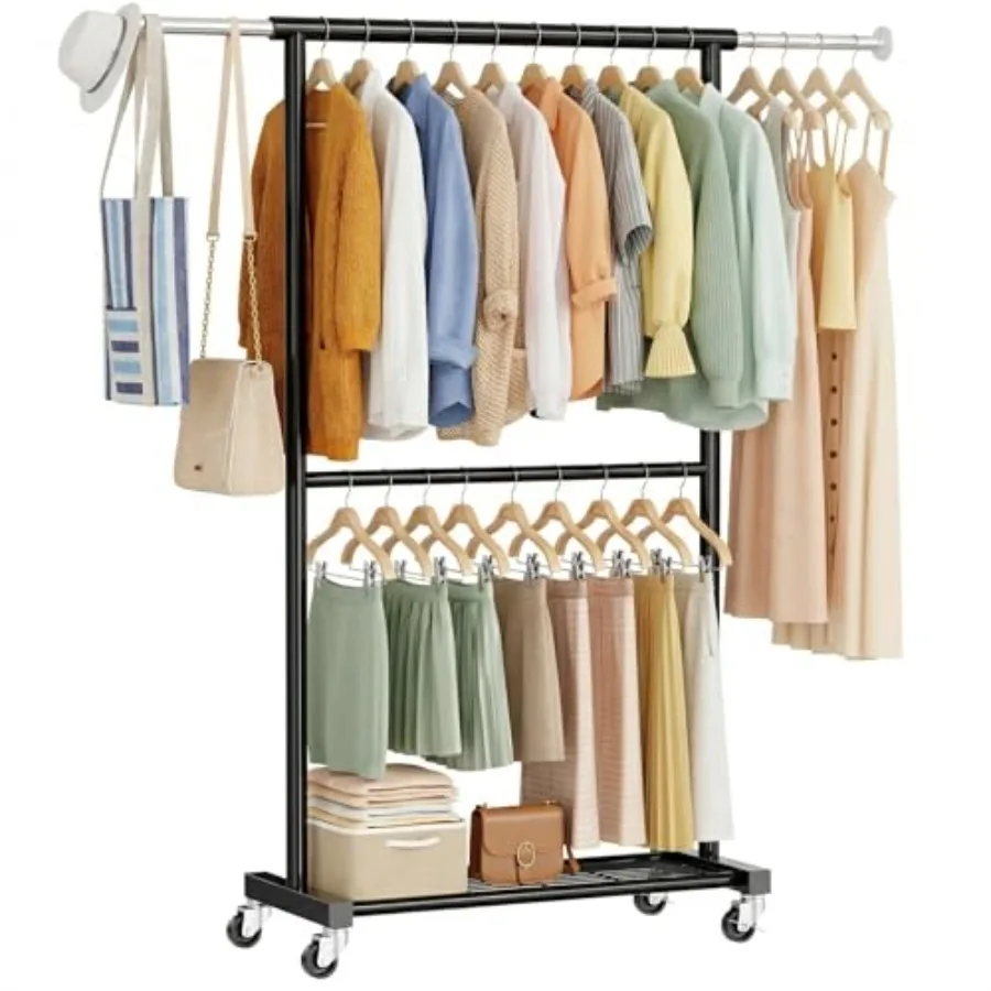 

Standard Clothes Rack, Rolling 50"L Clothing Garment Rack with Mesh Shelves on Wheels, Portable Wardrobe Rack for Bedroom, Laun