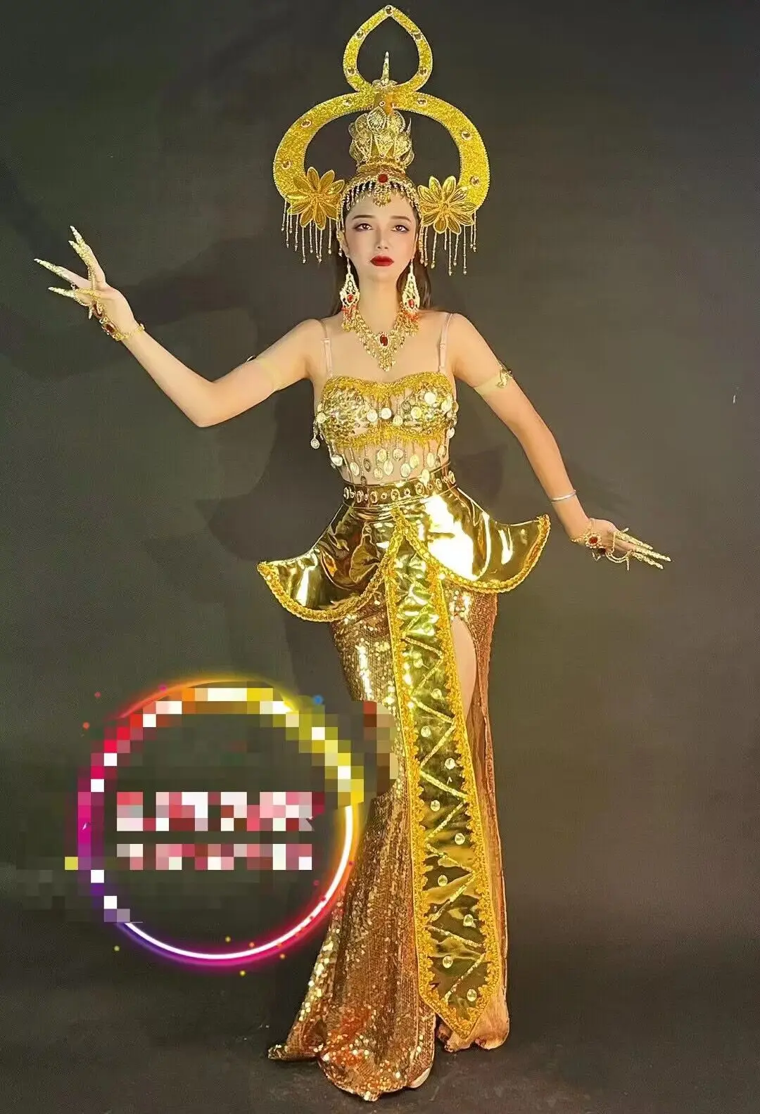 Luxury Gold Dancer Team Costume Music Festial Modern Singer  Party  Show Heagear cloth set