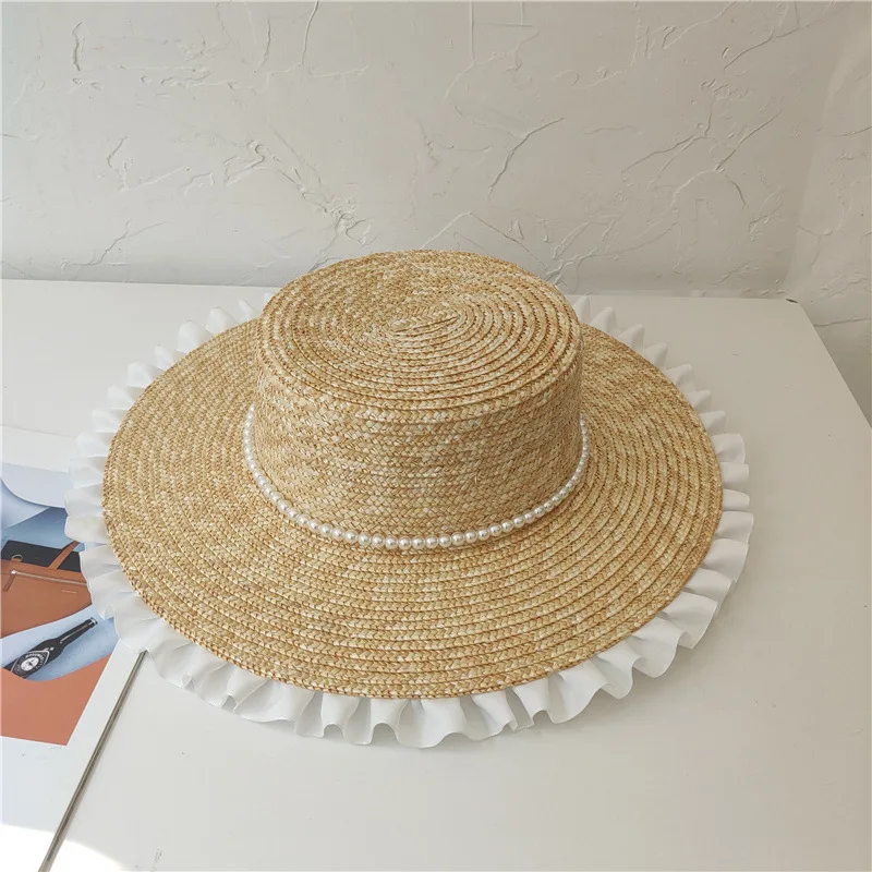 New Women's summer Hats with White Lace trimmed Straw Hat Pearls Band Boater Hats Wide Brim Sun Hat Ladies  Outdoor Beach Hat