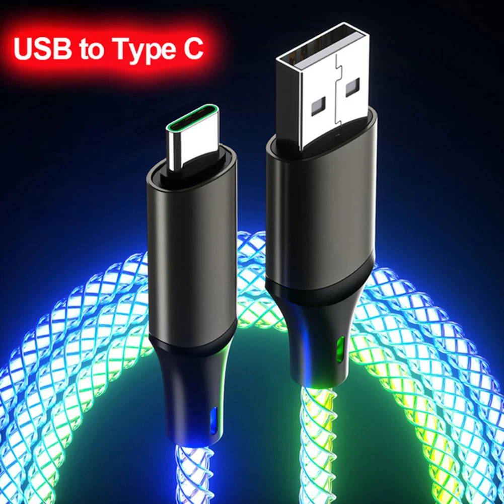 6A 66W Glowing Cable Micro USB Type C Cable Fast Charging For iPhone Huawei Xiaomi LED light Charger Flowing Streamer USB C Cord