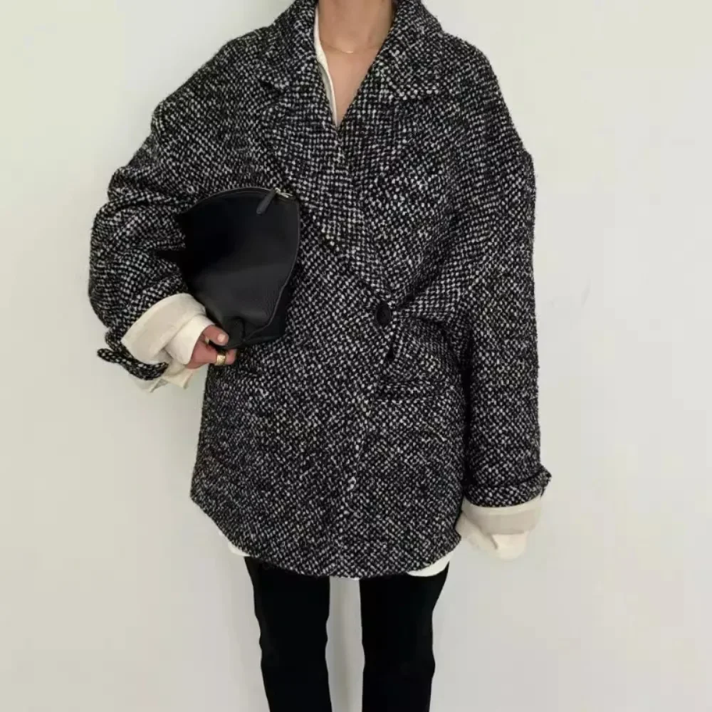 Kuzuwata New Vintage Turn-down Collar Long Sleeve Coat Single Button Tweed Loose Tailored Jacket Japan Wool Moda Casual Blends