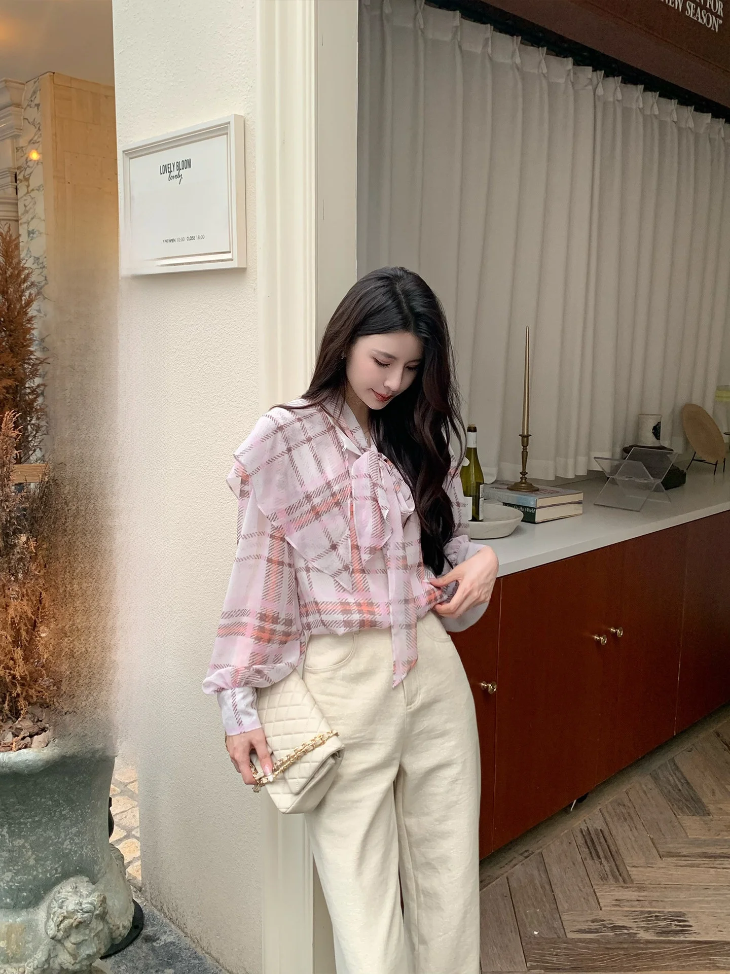 

Kun Total Vintage Melody Heavyweight Plaid Print irt Women's Spring Design Classy Top New Faion Polyester Fiber Long S...