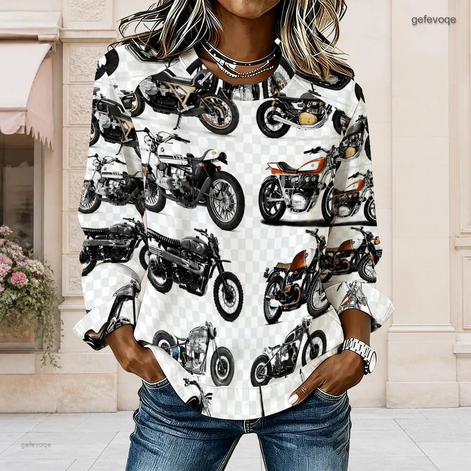 Women Round Neck Long Sleeve Top, Printed Cartoon Tiger Bulldozer BIG Dozer Pattern