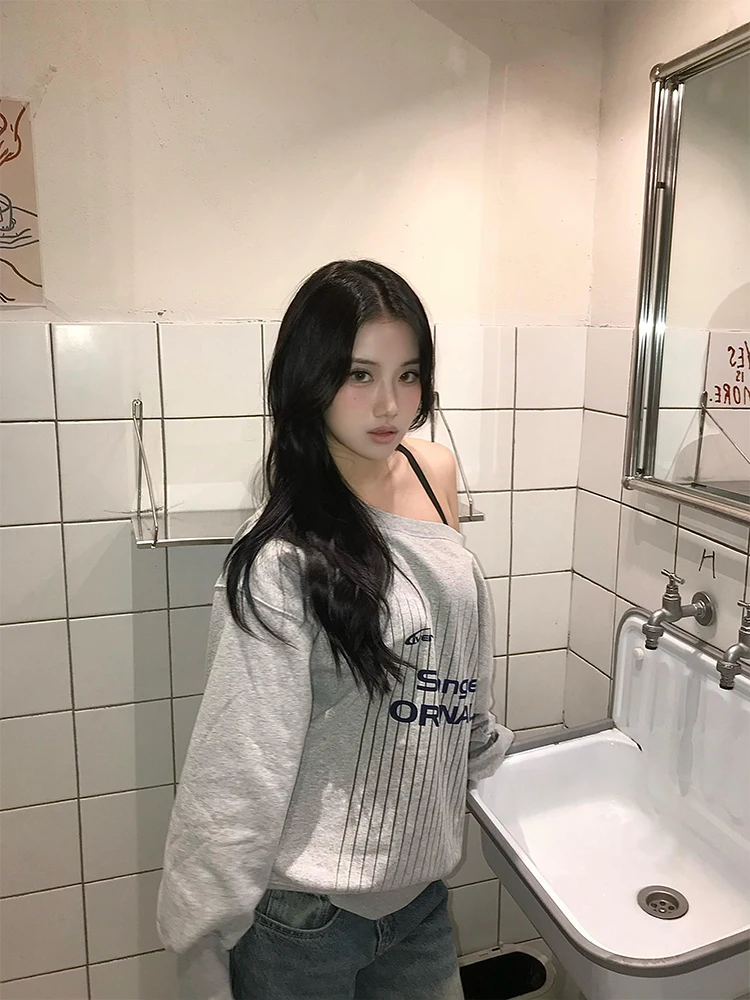 ay American Retro oulder One-oulder Sweatirt Women Spring Autumn Design Letter Print Spicy Long Sve Top