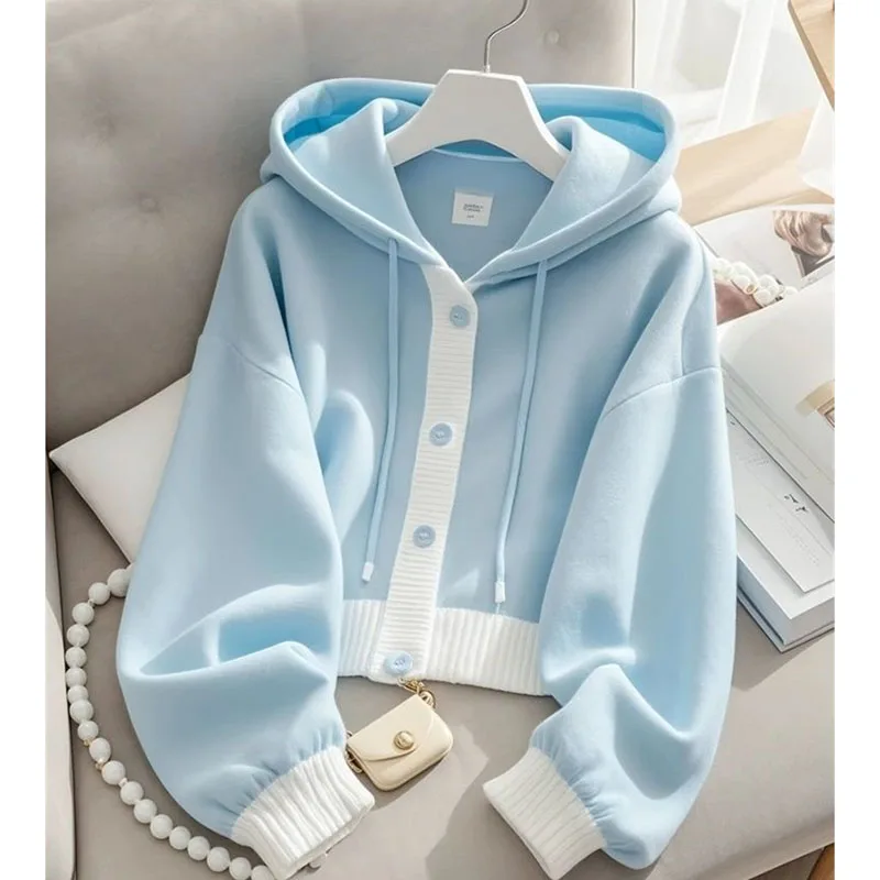 Lazy Wind Femme Hooded Sweatshirts Jacket Autumn Winter Women Patchwork Cardigan Hoodies Advanced Ladies Loose Blue Top Coat