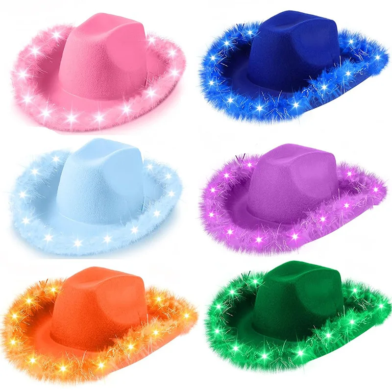 Light Up Cowgirl Hat Feather Edge Shiny LED Cowboy Hat Five Pointed Star Hats Performance Costume Cap Birthday Party Costumes view 6