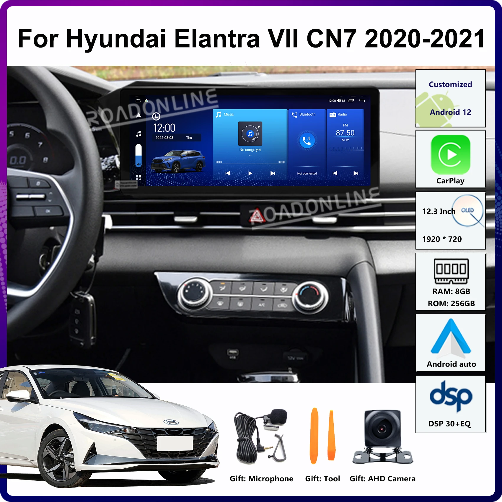 

12.3 Inch For Hyundai Elantra VII CN7 2020-2021 8-core 8+256GB 1920*720 Car GPS Multimedia Player Stereo Receiver Radio CarPlay