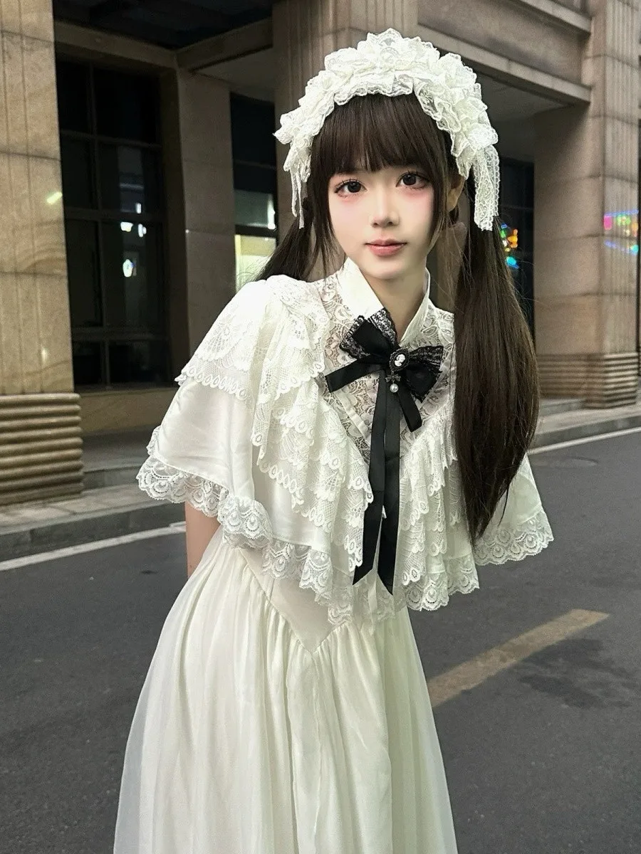 Lolita Style Short Sleeve Lace Dress Women's High Waist Gored Skirt Knot Full Price Summer White Long Dress