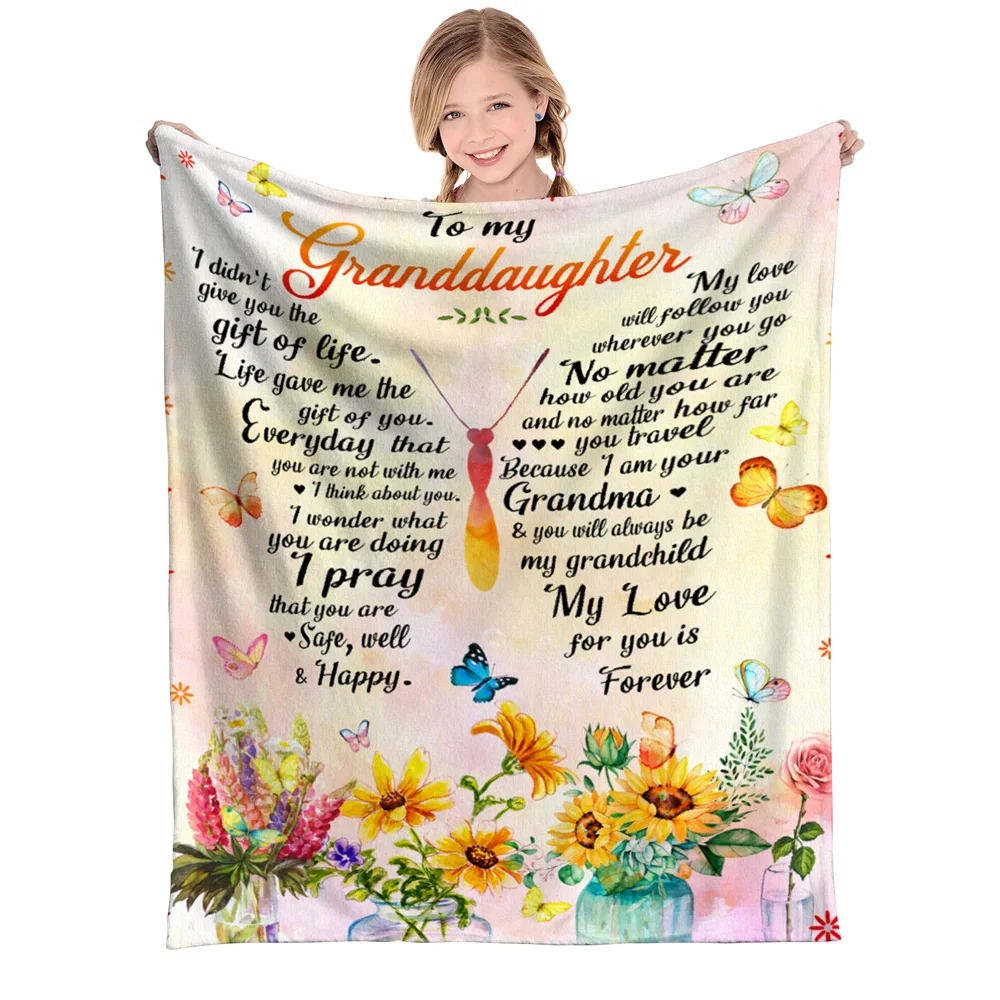 Personalized sunflower and butterfly cover blanket customized by grandma for beautiful granddaughter, suitable for sofa travel