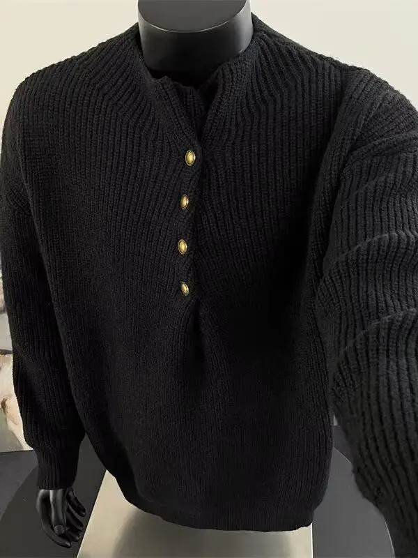 

Loose Fit Men's Knitwear f High Collar Button Design Autumn Winter Faion Casual Long Sve Sweater Youth Polyester