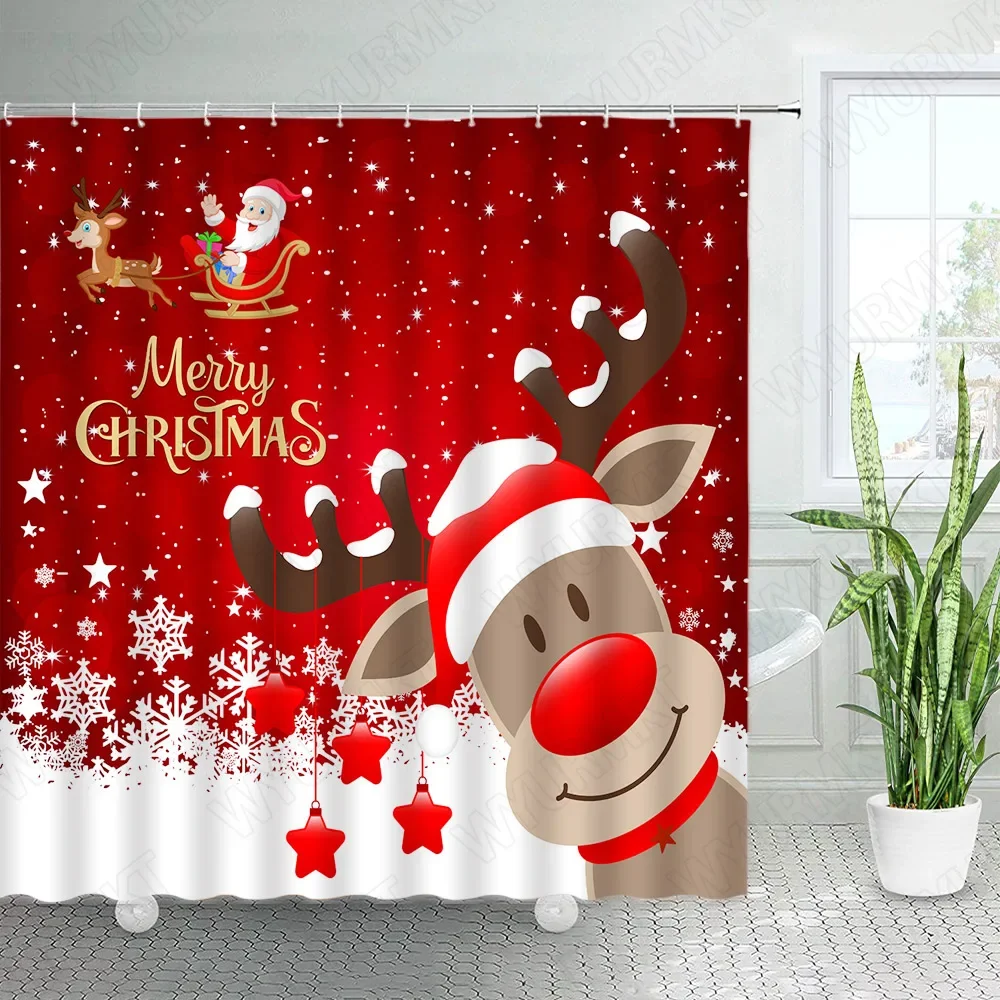 Cartoon Christmas Shower Curtains Funny Reindeer Santa Clause Snowflake Star Red New Year Xmas Fabric Home Bathroom Decor Sets