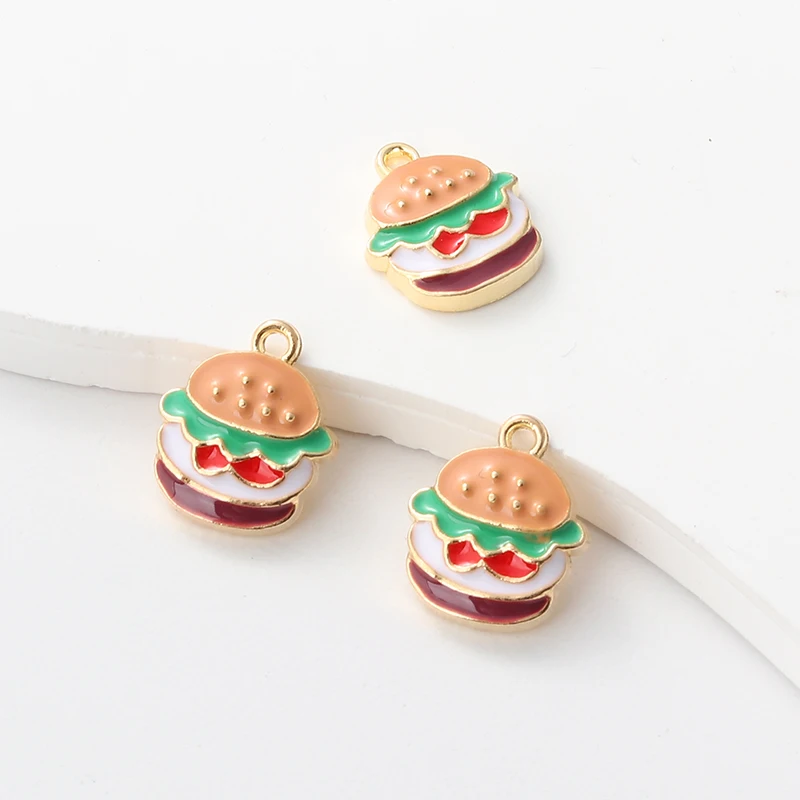 10pcs Cute Enamel Charms Lovely Cartoon Hamburger Delicious Food Pendants For Making Key Chains Handmade DIY Jewelry Findings