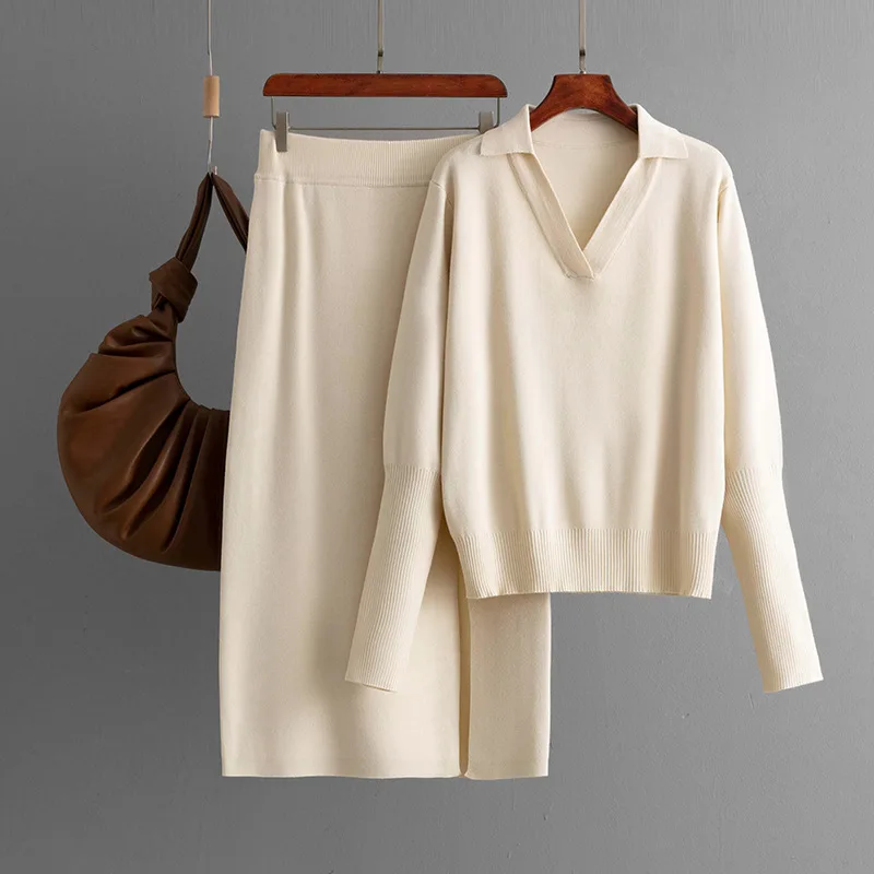 أزياء المرأة 2025 الخريف الشتاء فضفاضة بلون طوق محبوك سترة وتنورة قطعتين مجموعة #6