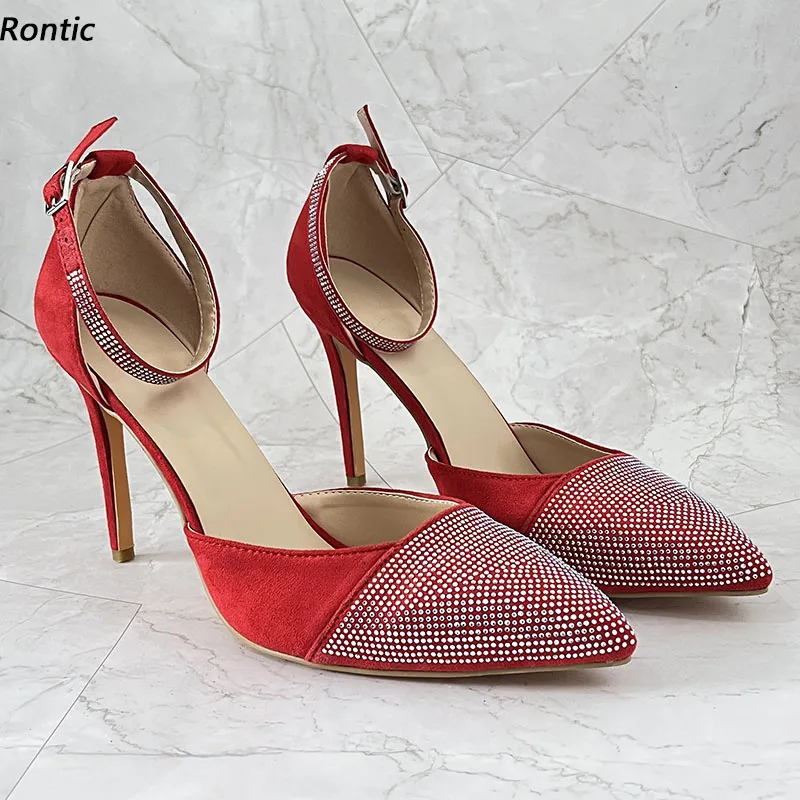 

Rontic/женские туфли-лодочки с ремешком на щиколотке, пикантные туфли на шпильке с острым носком, великолепные красные вечерние туфли цвета фуксии, размер США, большие размеры 5-15