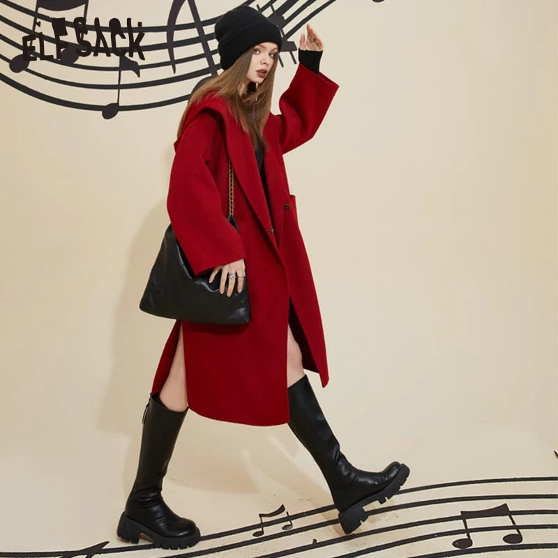 ELFSACK Red Hooded Wool Coats Women Winter Mid-length Outwears