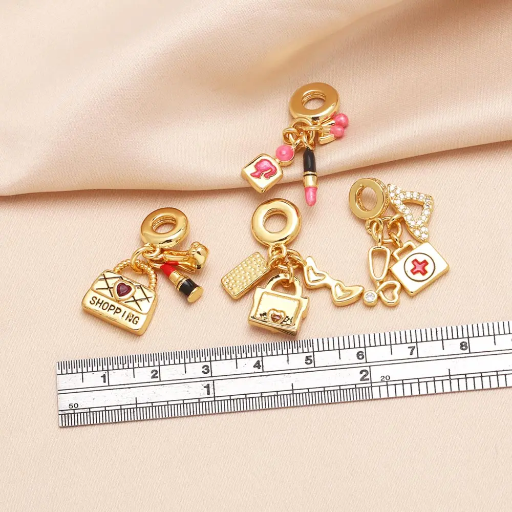 OCESRIO Fuchsia Enamel Make-up Pendant for Necklaces Copper Gold Plated Shopping Bag Handmade Jewelry Making Component pdtb745