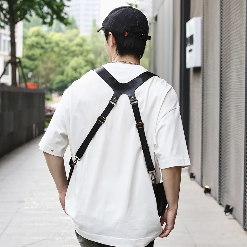 Multi-function Tactical Chest Pack Hip-hop Street Clothing Vest Backpack Phone Pack Top Grade Black Leather Unisex Chest Rig Bag