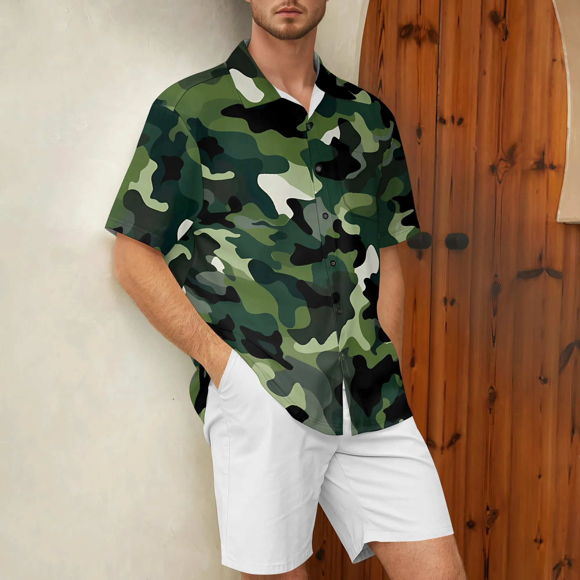 YEAE Blue Orange Camo Print Shirt for Men Summer Casual Short Sleeve Top