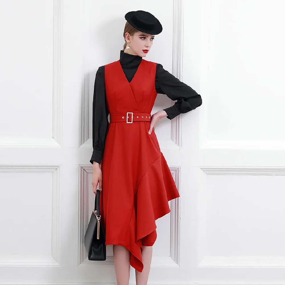 High End Celebrity Temperament Dress Women'S Waist Spring A-Line Red Vest Dress Annual Meeting Dress