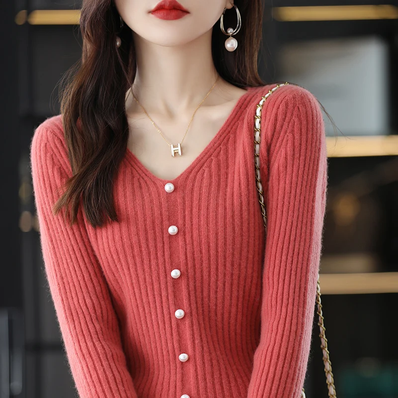 Sweater Women' 100% Pure Wool Vneck Fake Cardigan Pullover Short Knitted Top 2022 Autumn And Winter New Cashmere Bottoming Shirt