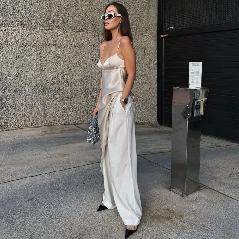 Tuularose Women's Lace Satin Dress Fashion Solid Irregular Lace Patchwork Halter Dress Elegant New Lace Up Female Party Dresses