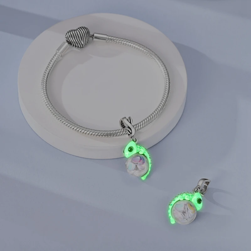 925 Sterling Silver Glow in the Dark Chameleon Dangle Charm Lizard Clear Glass Ball Pendant Fit Bracelet Glowing Jewelry Gift