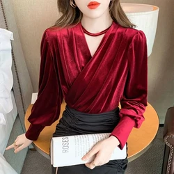 New Temperament V Neck Solid Color Gold Velvet Tops Tees Spring Autumn Long Sleeve Vintage T Shirts Fashion Casual Women Clothes