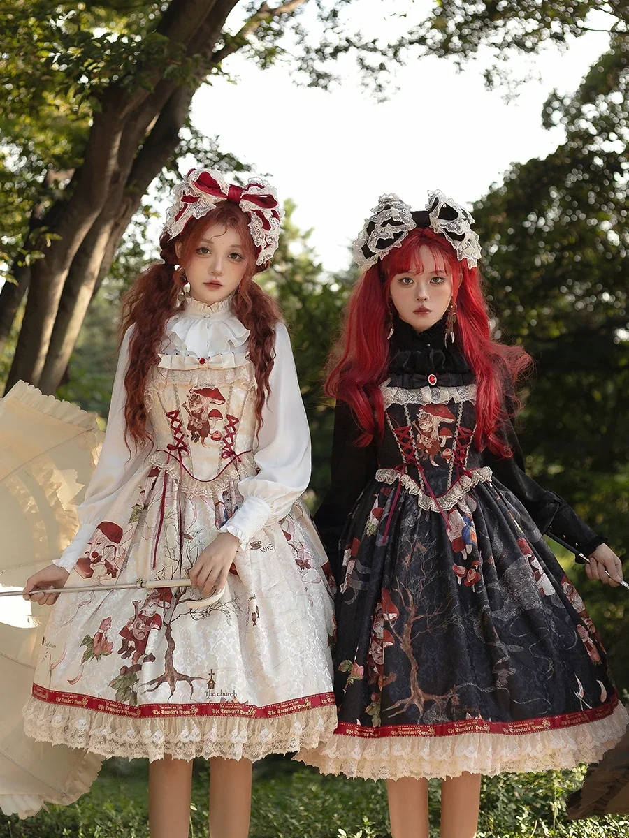 

Japanese Sweet Kawaii Jsk Lolita Dress Women Vintage Victorian Gothic Cartoon Sleeveless Bow Lace Princess Tea Party Dresses