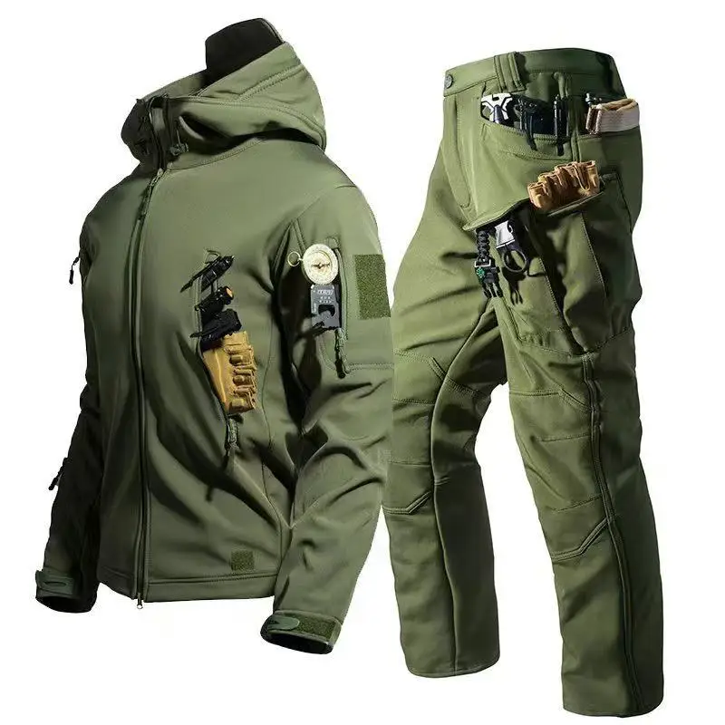 Tactical Men's WinterTracksuit Fleece Parkas Cargo Jackets Windbreak Hiking Camping Pants Climbing Sharkskin Casual Hood Coats