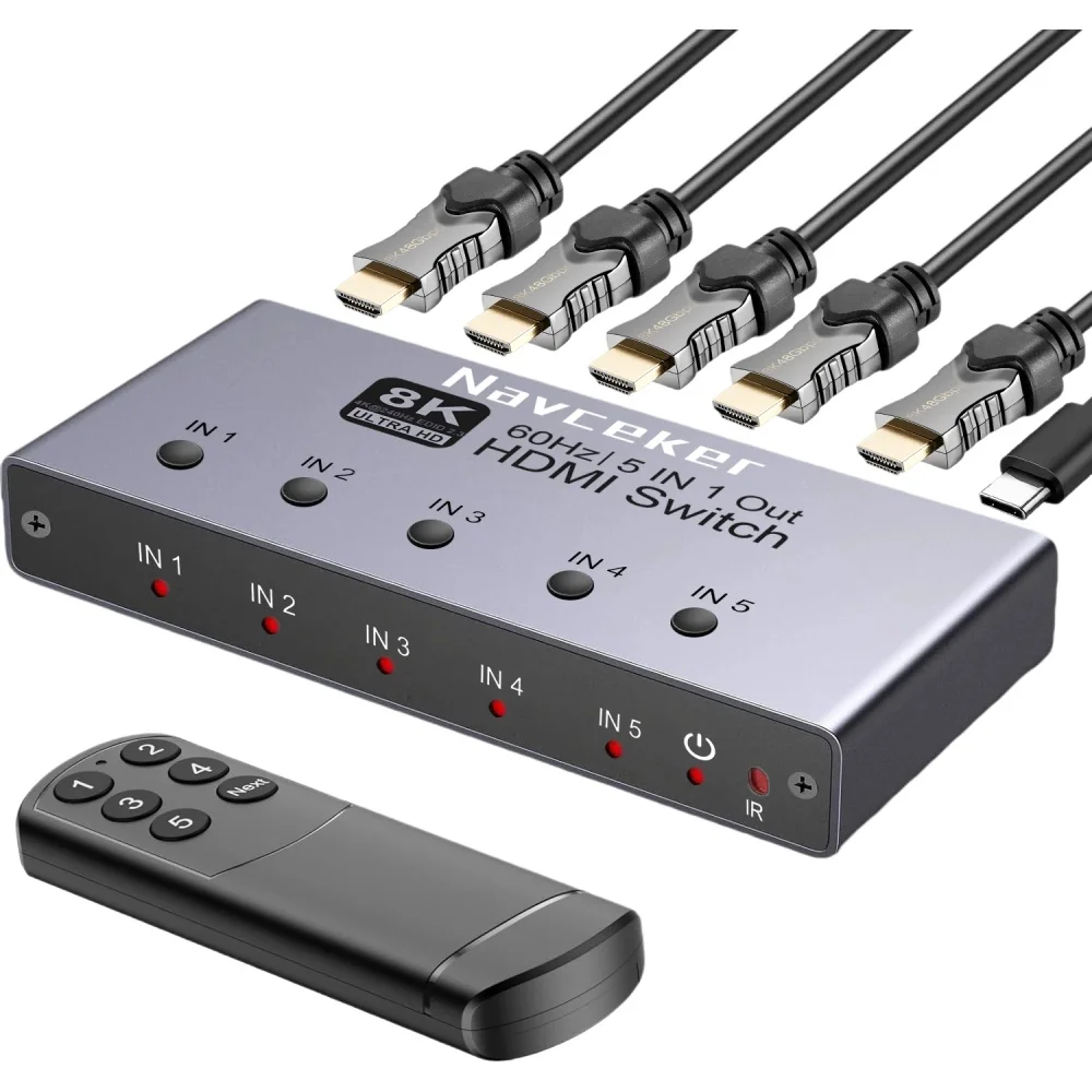 Przełącznik HDMI 2.1 Navceker 8K 4K 240Hz 3 wejścia 5 wejść 1 wyjście Rozdzielacz HDMI z pilotem do laptopa PC PS5 Monitora Xbox TV — zdjęcie produktu 7
