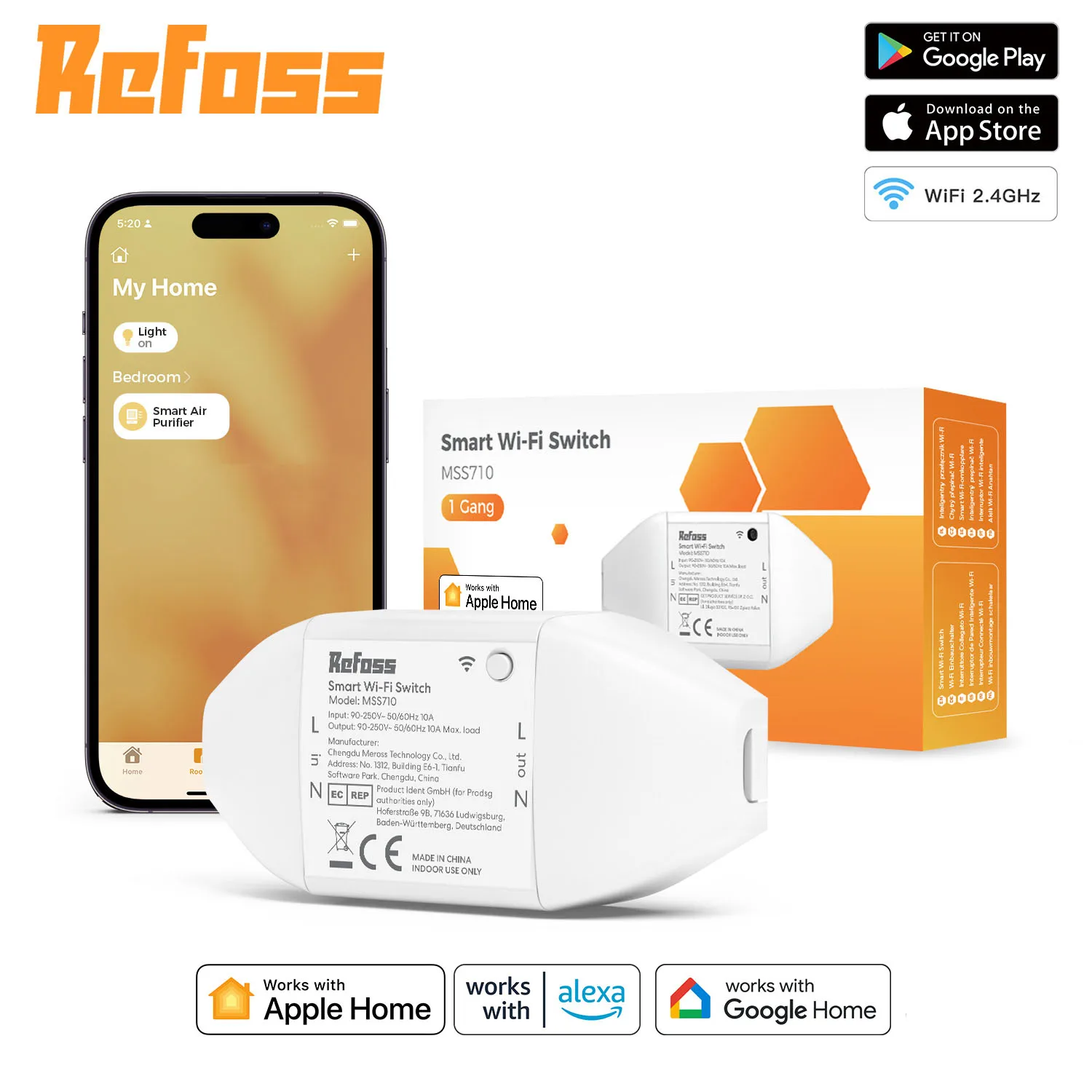 Refoss HomeKit DIY Smart Switch,WiFi Smart Switches,1 Pack,Support Siri,Apple HomeKit, Alexa,Google Assistant