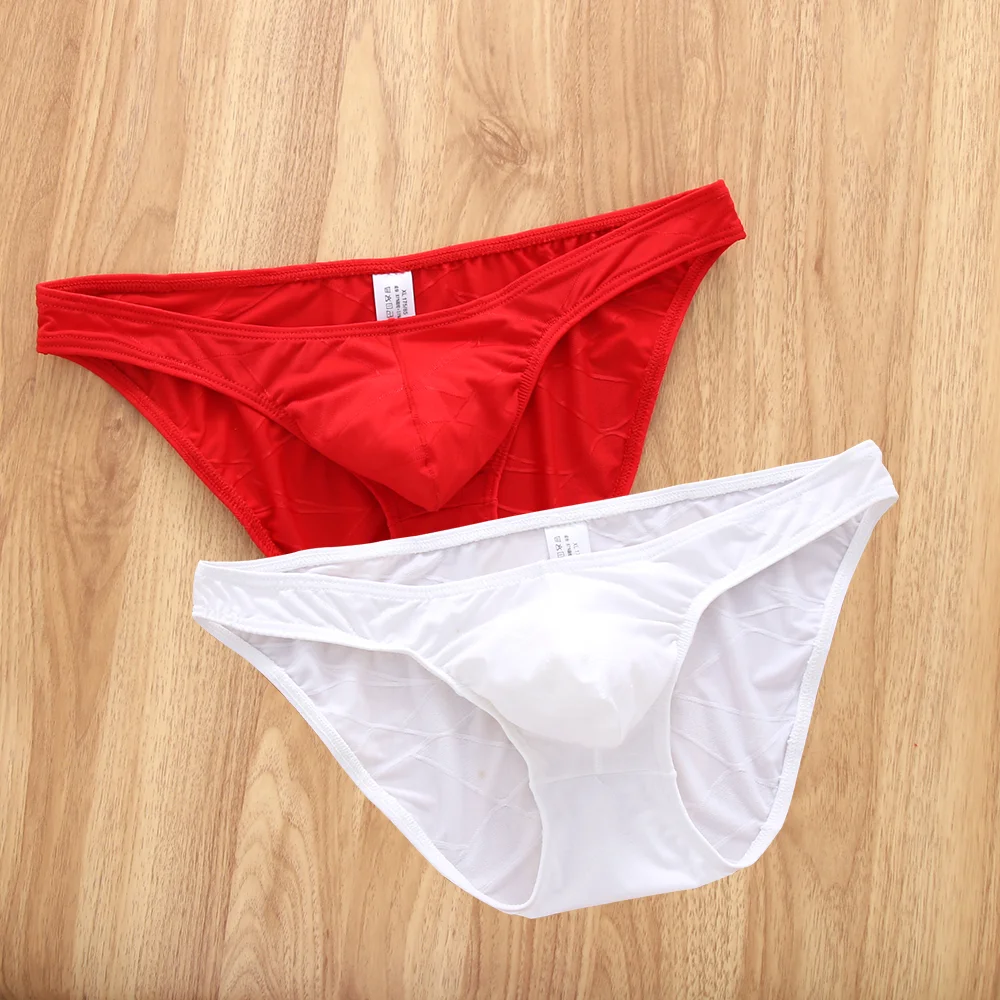 2PCS Hot Men\'s Sexy Ice Silk Skinny Briefs Comfy Breathable Low-Waist Underwear Men Ice Silk Low-waist  Bulge Convex pouch Red