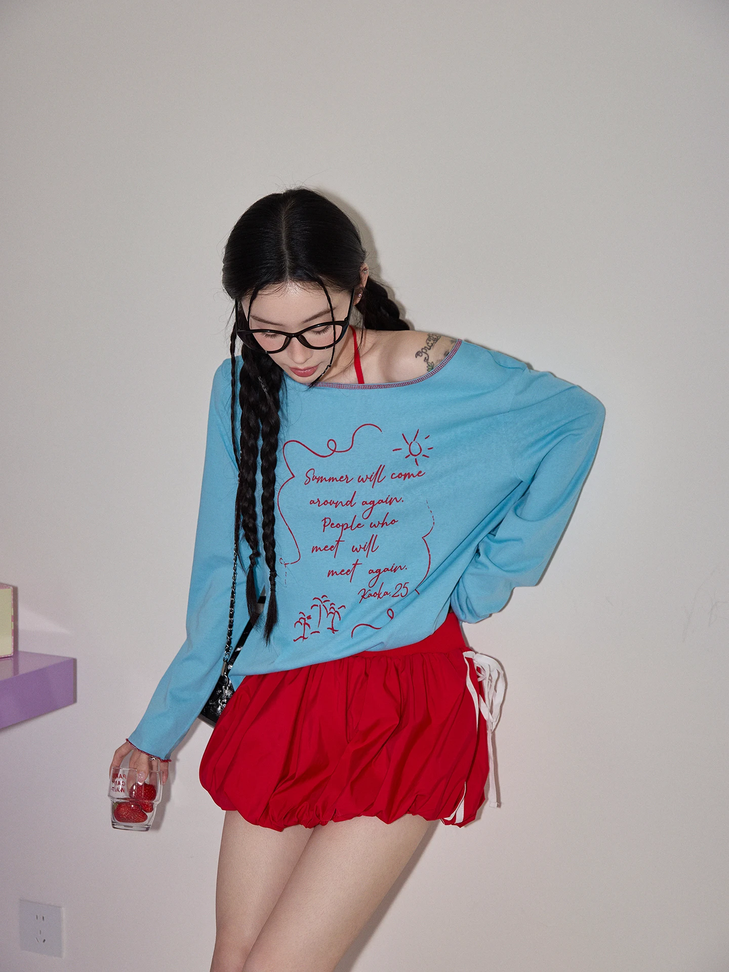 

Red Puffy High Waist Loose Crossbody ort Skirt Commute Sle High Quali Polyester Fabric A-Line Silhouette Pure Color