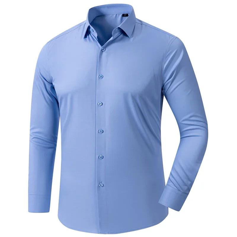 Men Shirt Bamboo Fiber Long Sleeve Anti-wrinkle Non-ironing Slim Fashion Casual Business Office White Blue Social Shirt  5XL