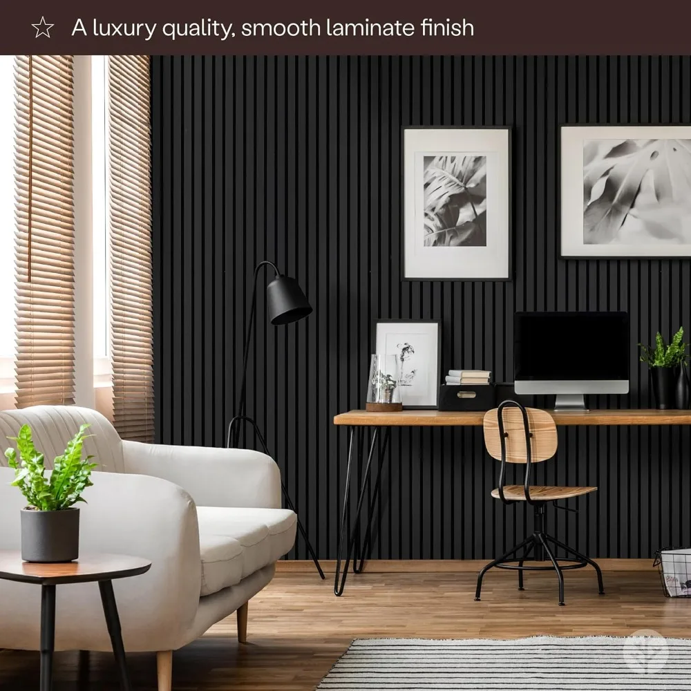 Wood Wall Panels, 2 X 94.49” X 12.6”, Slatted Matte Black Veneer, Wood Wall Panels