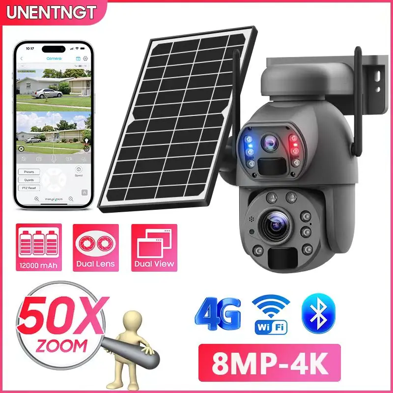 UNENTNGT 4G/WIFI 50x Optical Zoom PTZ Two-way Talk Solar Security Camera Humanoid Tracking Detection Outdoor Surveillance Ip Cam