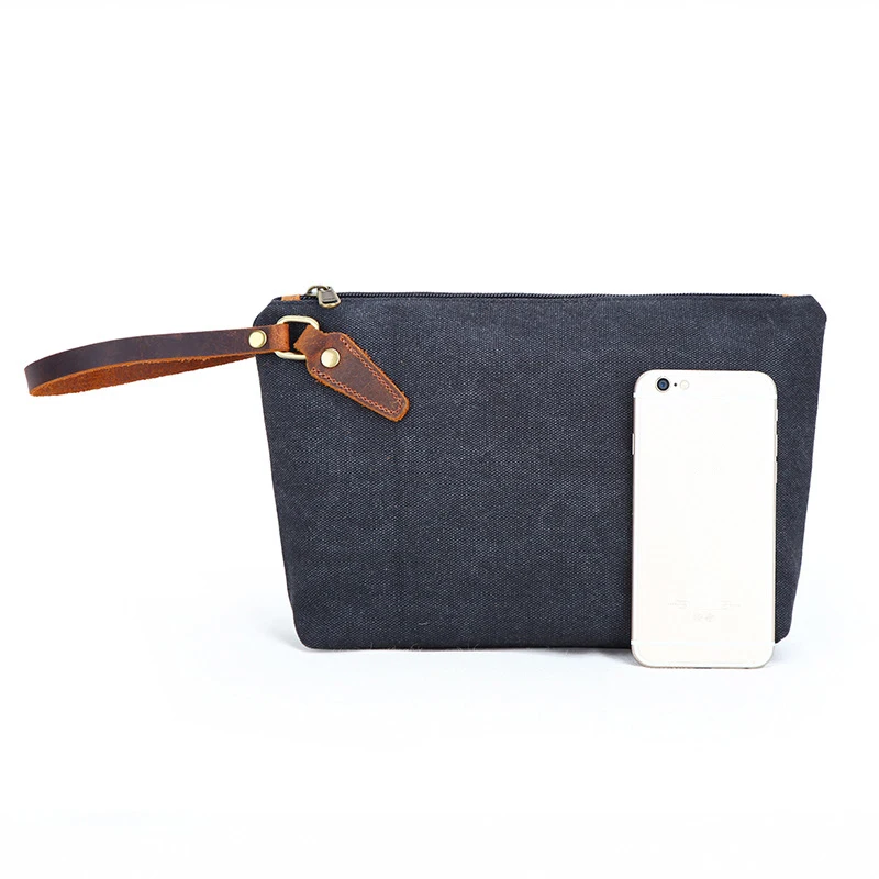 Casual Canvas Organizer Bag With Genuine Leather Wrist Strap Men Women Clutch Bag Wash Bag Travel Cosmetic Bag