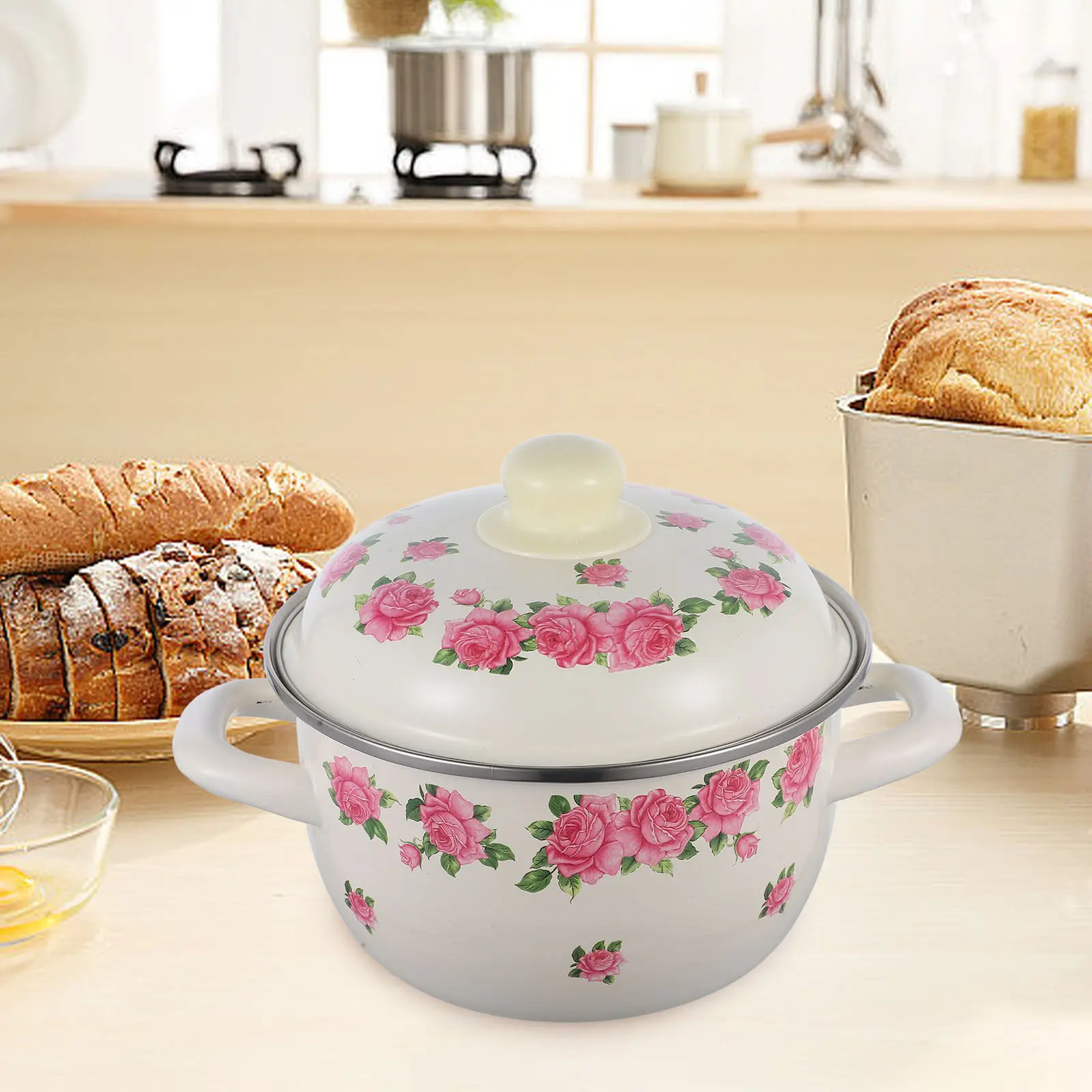 Enamel Soup Pot with Two Heat-Resistant Handles Flower Pattern Design Quick Heating Even Heat Distribution for Milk Eggs Soup
