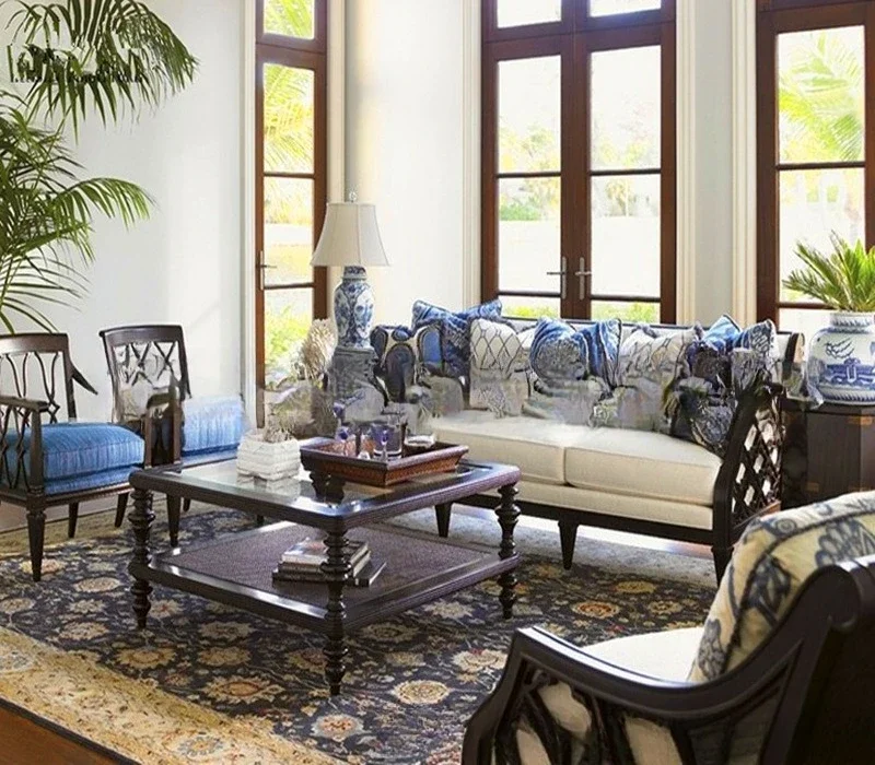 Sofá americano de madera maciza, sala de estar, cafetería combinada de sofá hueco tallado, sofá informal con bolsa suave