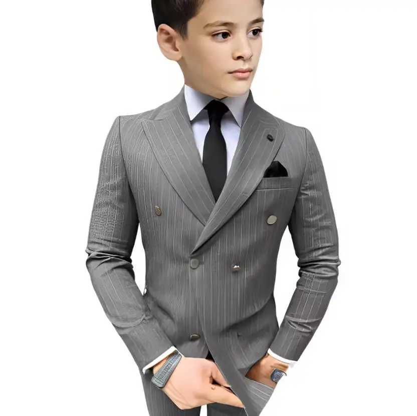 بدلة للأولاد مخططة مكونة من قطعتين سترة وسراويل مخصصة مزدوجة الصدر بدلة رسمية لحفلات الزفاف للأطفال