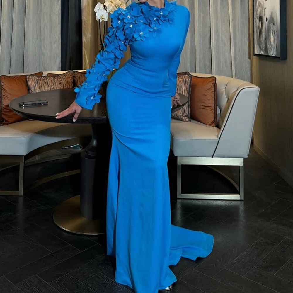 Customized Mermaid Evening Dresses Floor-length High-neck Full Sleeve Prom Gown Fashion Crystal Flowers Simple Draped Party Gown
