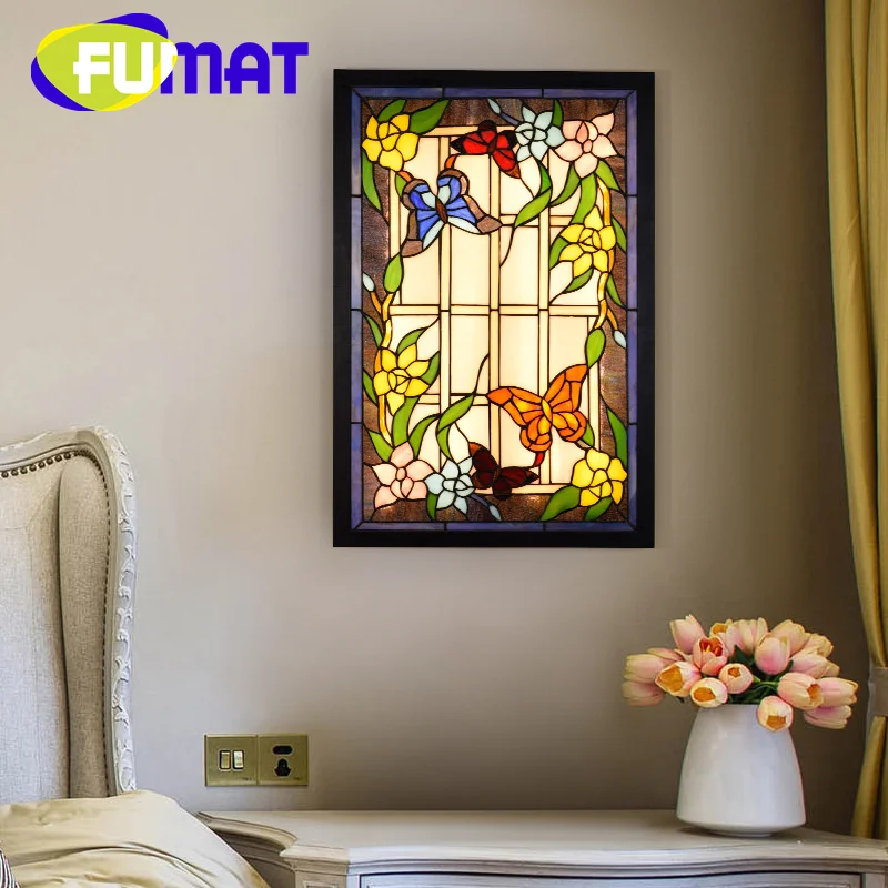 FUMAT Tiffany style stained glass Garden butterfly rose mural lamp Living room Dining room Bedroom corridor light LED decor