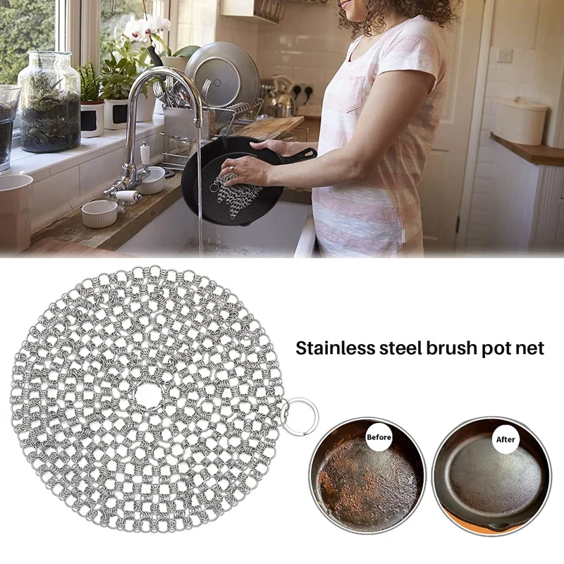 Cast Iron Cleaner,Stainless Steel Chainmail Scrubber,Easy Cleaning For Pans,Dutch Ovens,Grills Griddle