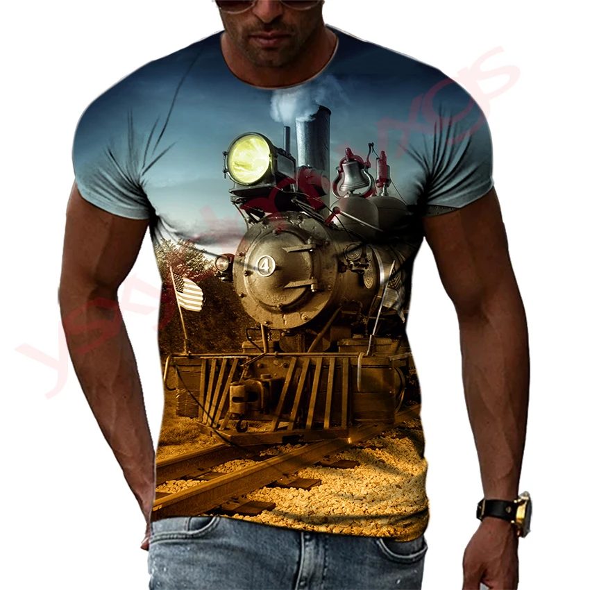 Retro Steam Locomotive The Starting Point Of The Industrial Revolution Hip Hop Men T-shirts 3D Print Round Neck Tee Short Sleeve